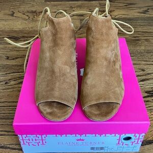 Elaine Turner Camel Suede Lace-Up Peep Toe Block Heel